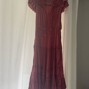 Ellen Tracy Burgundy Tiered Ruffle Maxi Dress